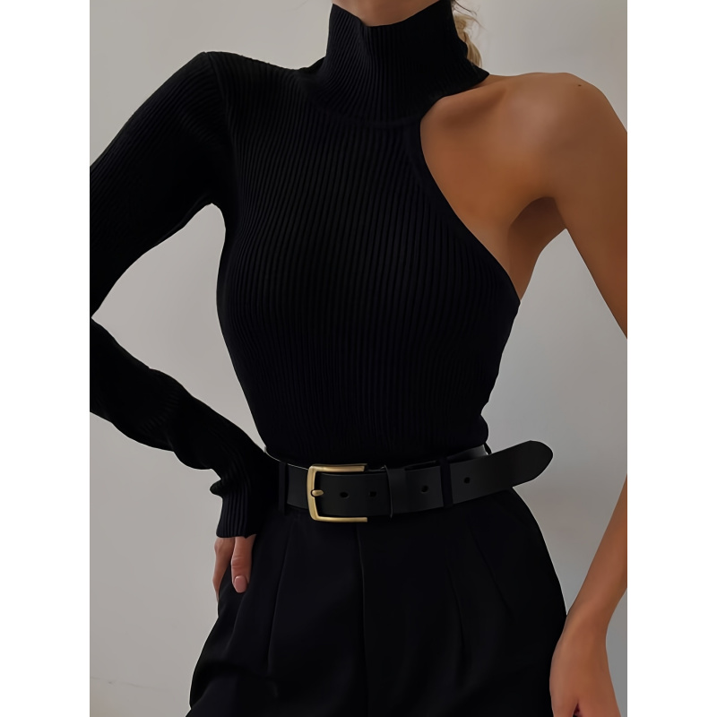 Winter Clothing For Woman - Solid Asymmetric One Shoulder Ribbed Knit