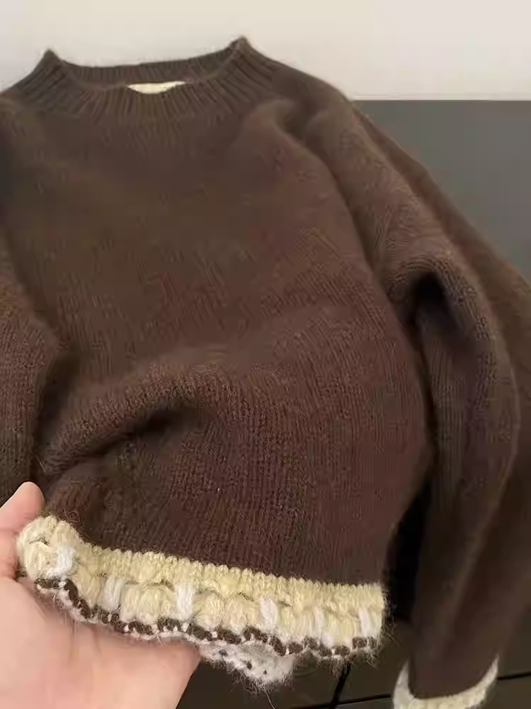Women's Brown Patchwork Pullov - Winter Clothing Factory Outlet ulasan dan harga